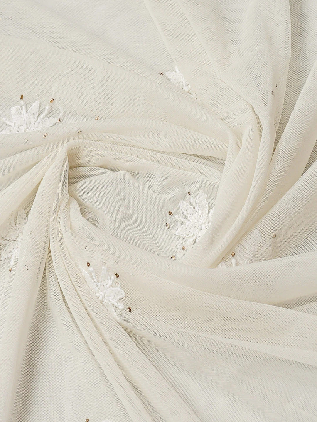 Ada Hand Embroidered White Net Lucknowi Chikankari Unstitched Kurta Dupatta Set With Mukaish Work A103482