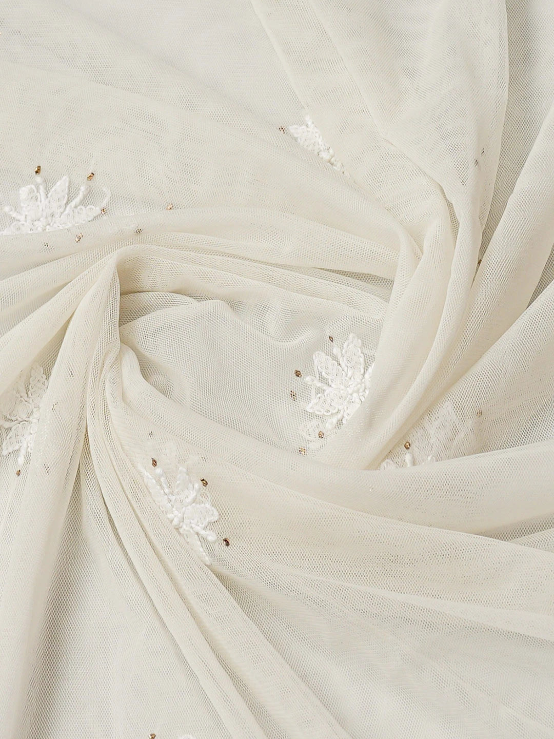 Ada Hand Embroidered White Net Lucknowi Chikankari Unstitched Kurta Dupatta Set With Mukaish Work A103482