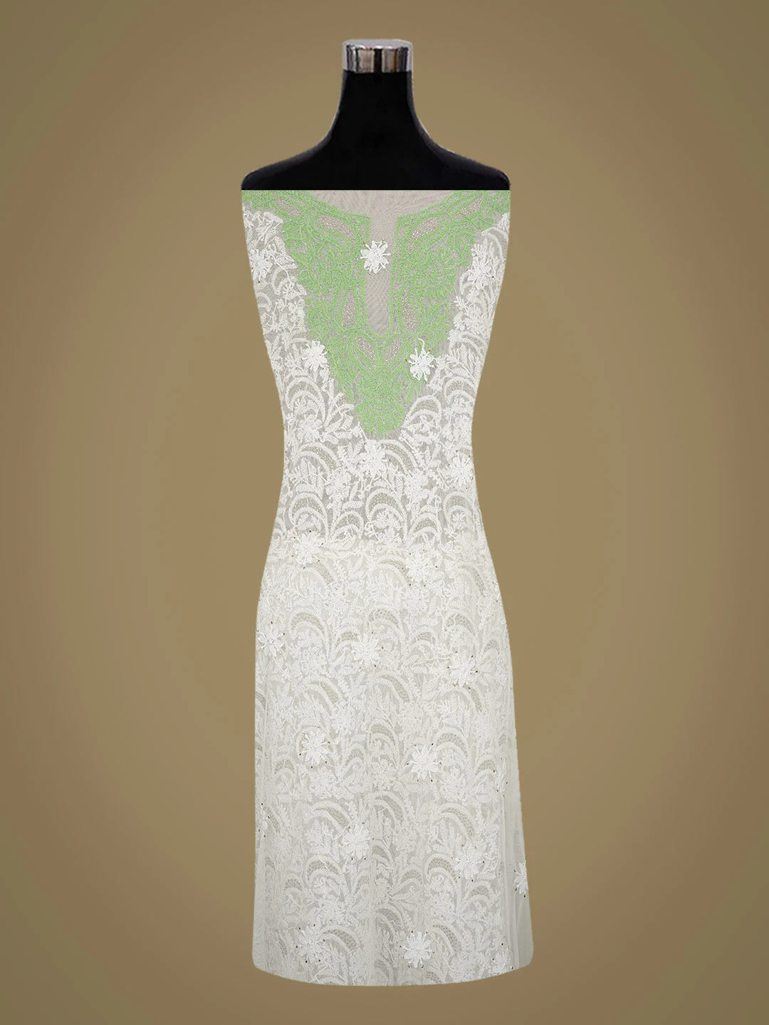 Ada Hand Embroidered White Net Lucknowi Chikankari Unstitched Kurta Dupatta Set With Mukaish Work A103482