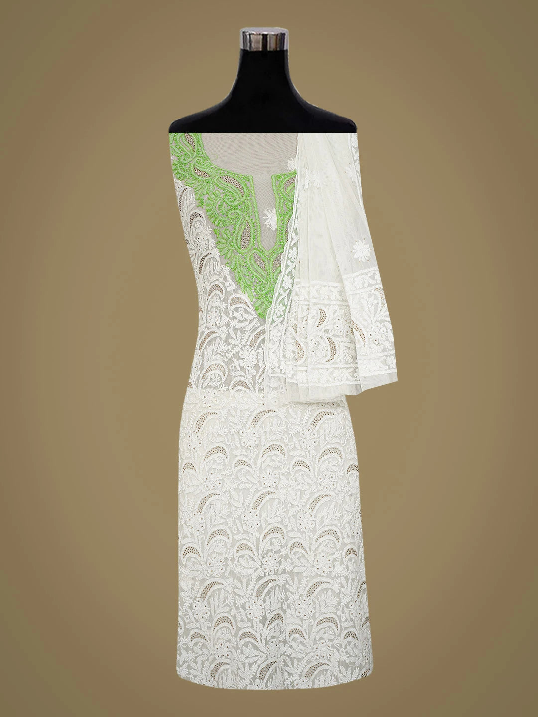 Ada Hand Embroidered White Net Lucknowi Chikankari Unstitched Kurta Dupatta Set With Mukaish Work A103482