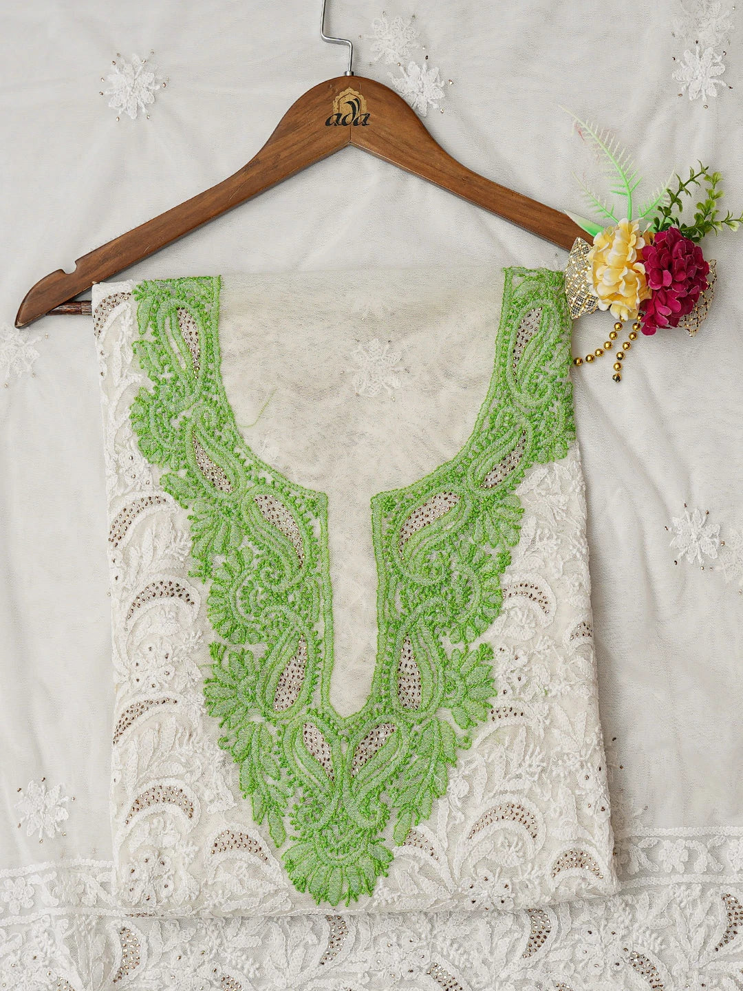 Ada Hand Embroidered White Net Lucknowi Chikankari Unstitched Kurta Dupatta Set With Mukaish Work A103482
