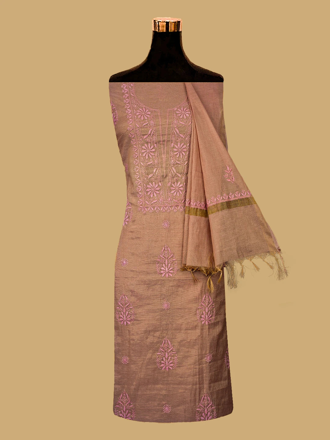 Ada Hand Embroidered Dusty Peach Tissue Lucknowi Chikankari Unstitched Kurta Dupatta Set 01A710057