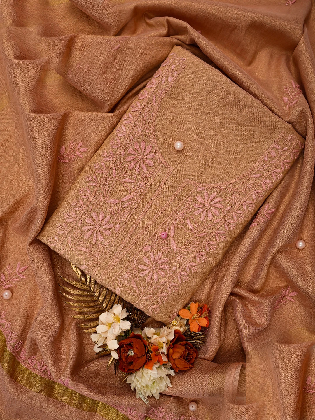 Ada Hand Embroidered Dusty Peach Tissue Lucknowi Chikankari Unstitched Kurta Dupatta Set 01A710057
