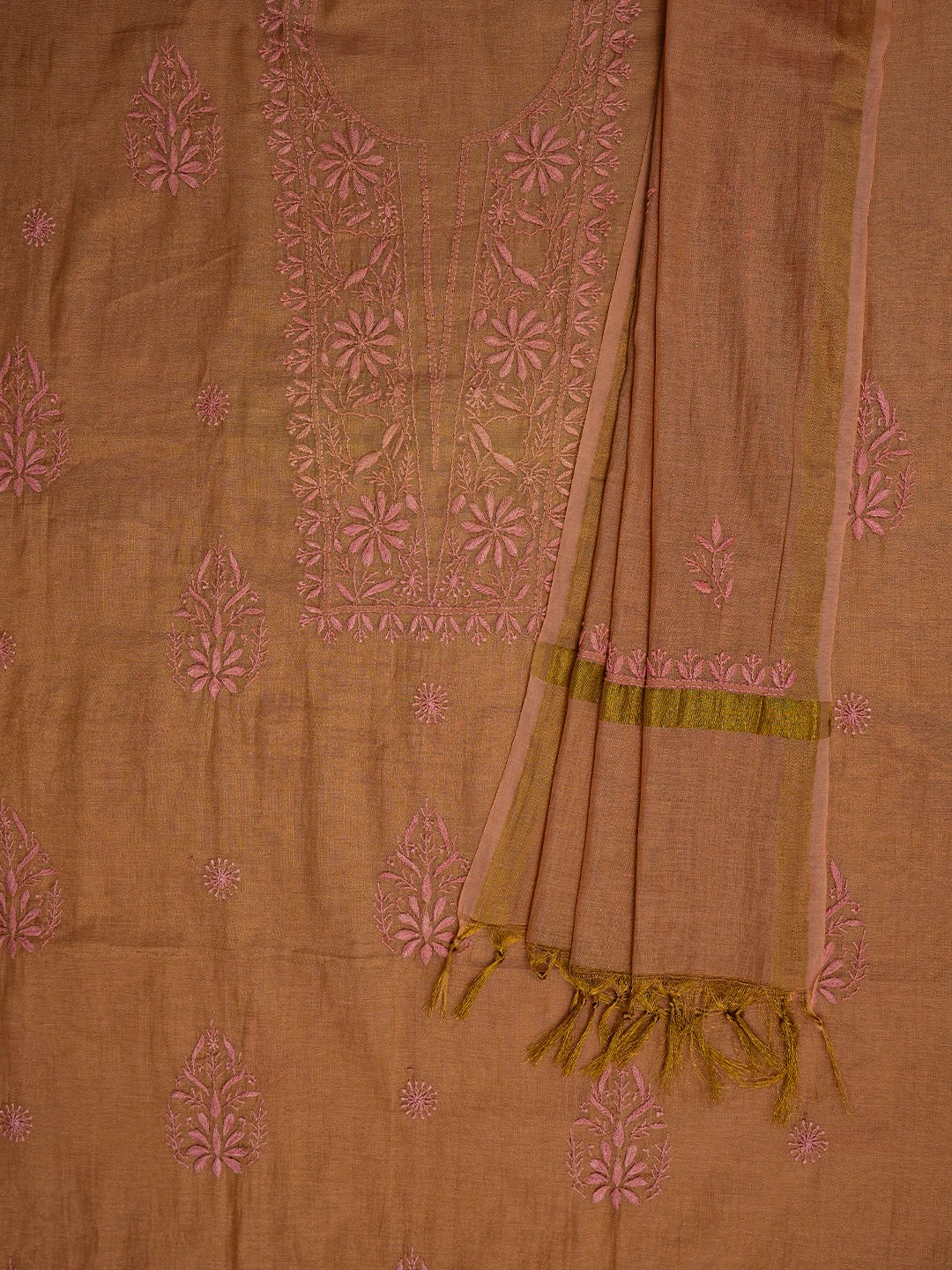 Ada Hand Embroidered Dusty Peach Tissue Lucknowi Chikankari Unstitched Kurta Dupatta Set 01A710057