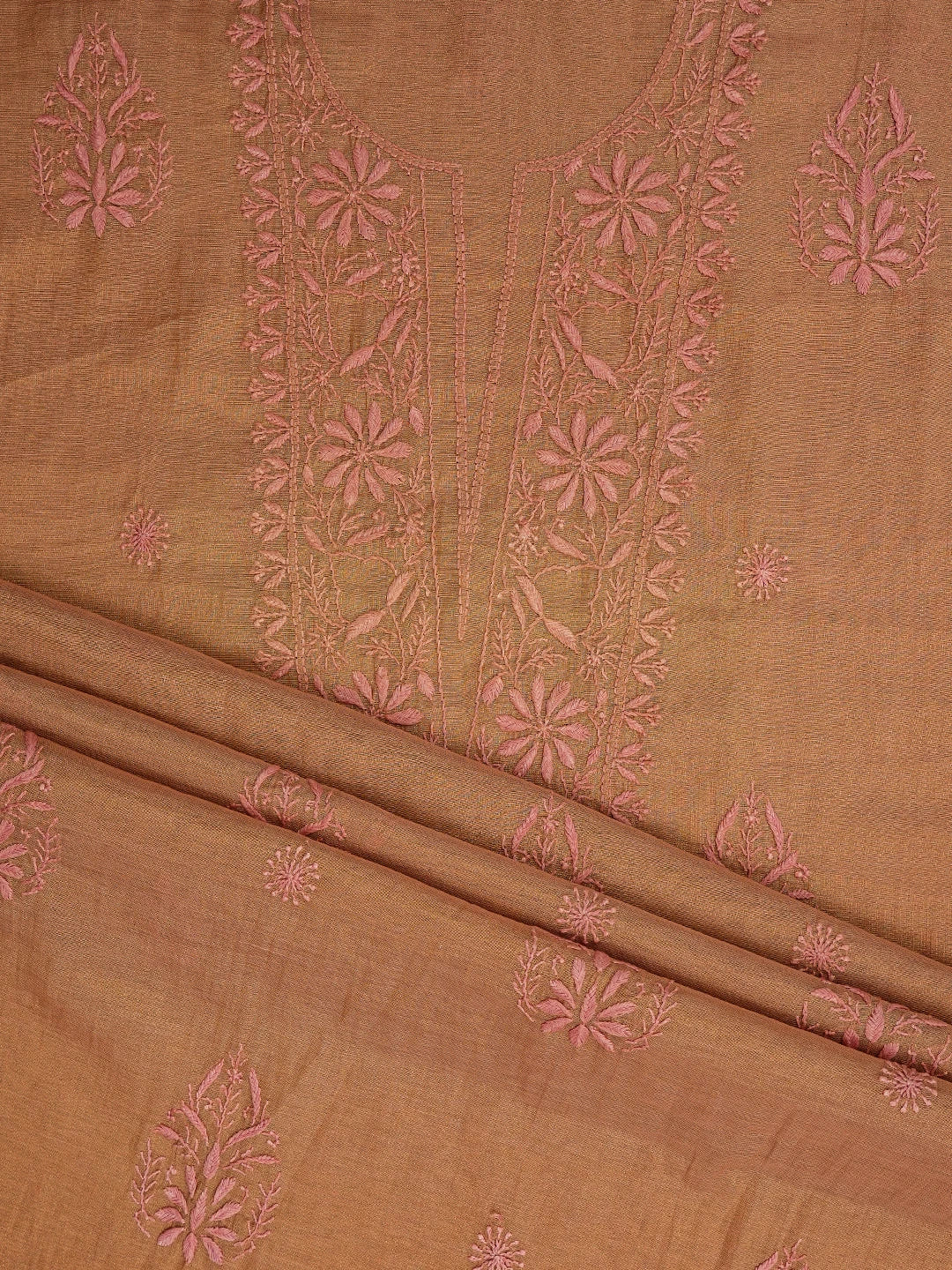 Ada Hand Embroidered Dusty Peach Tissue Lucknowi Chikankari Unstitched Kurta Dupatta Set 01A710057