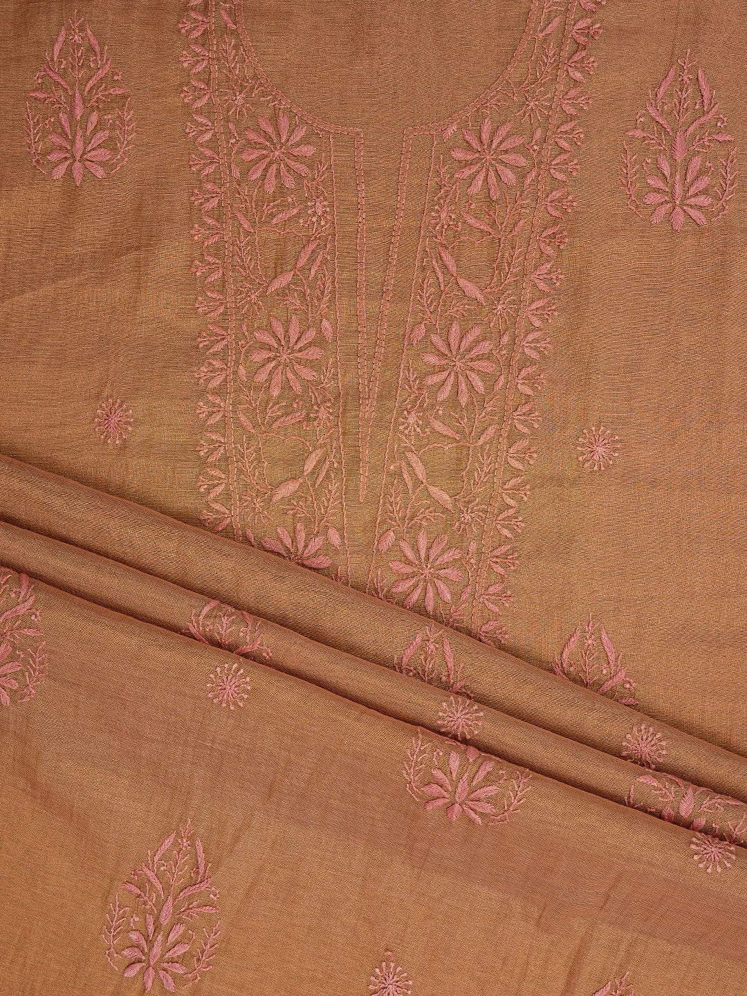Ada Hand Embroidered Dusty Peach Tissue Lucknowi Chikankari Unstitched Kurta Dupatta Set 01A710057