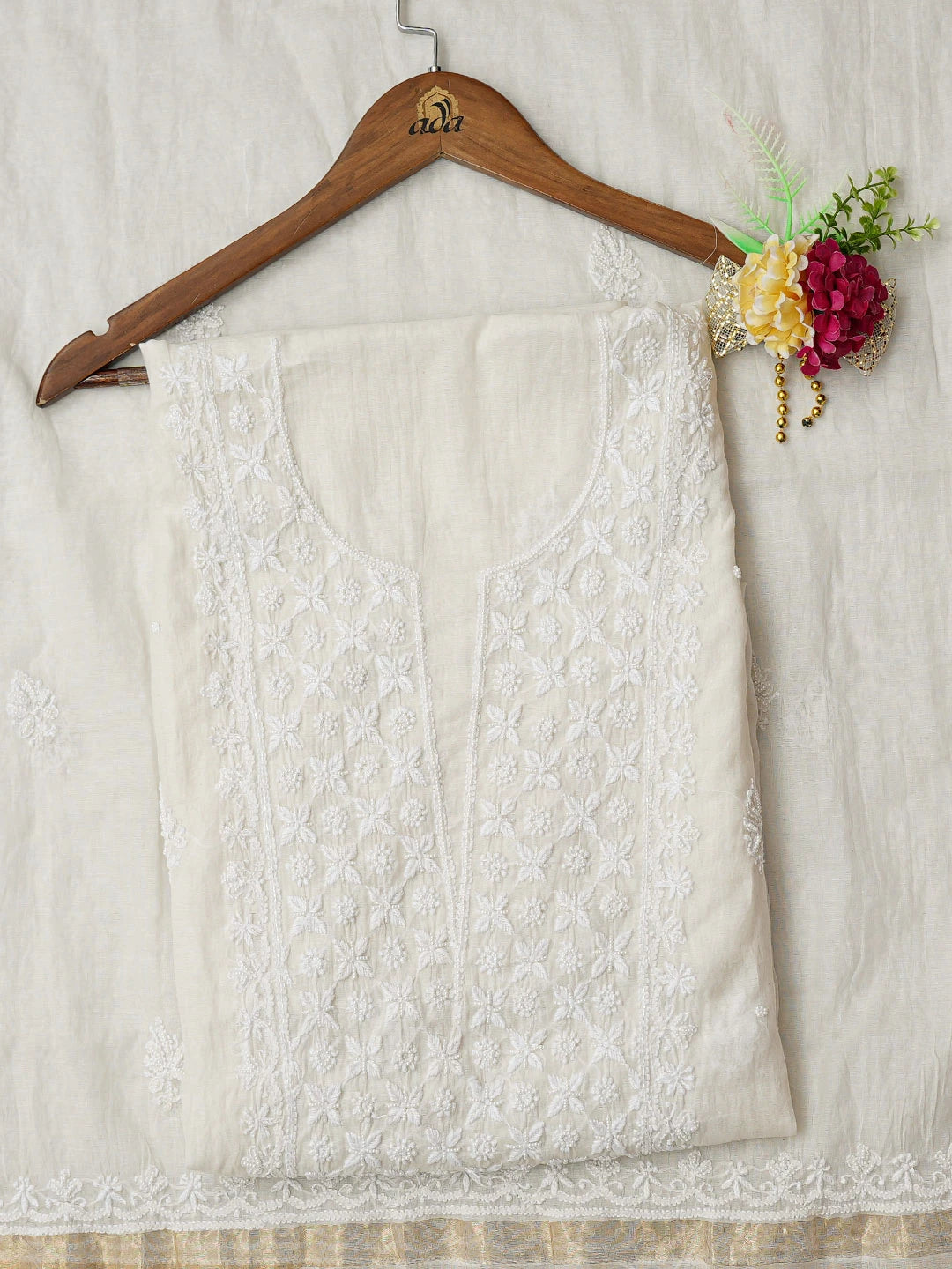 Ada Hand Embroidered White Chanderi Lucknowi Chikankari Unstitched Kurta Dupatta Set With Cutdana Work 01A734935