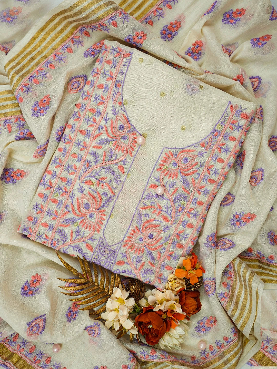 Ada Hand Embroidered Ivory White Chanderi Lucknowi Chikankari Unstitched Kurta Dupatta Set With Zari Work 01A712500