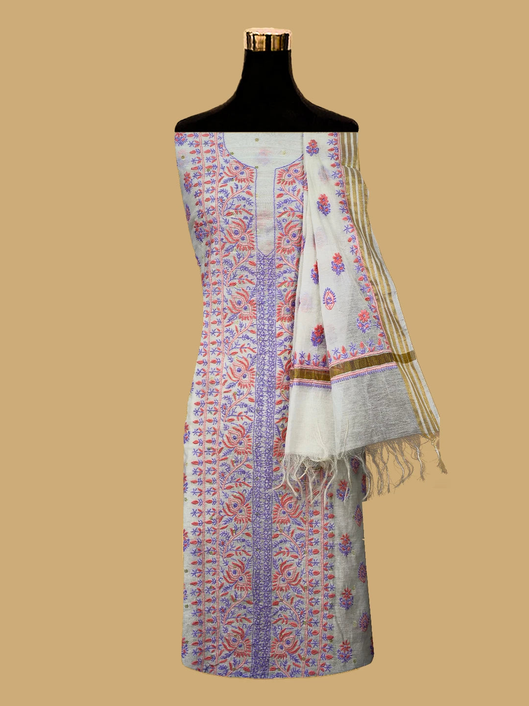 Ada Hand Embroidered Ivory White Chanderi Lucknowi Chikankari Unstitched Kurta Dupatta Set With Zari Work 01A712500