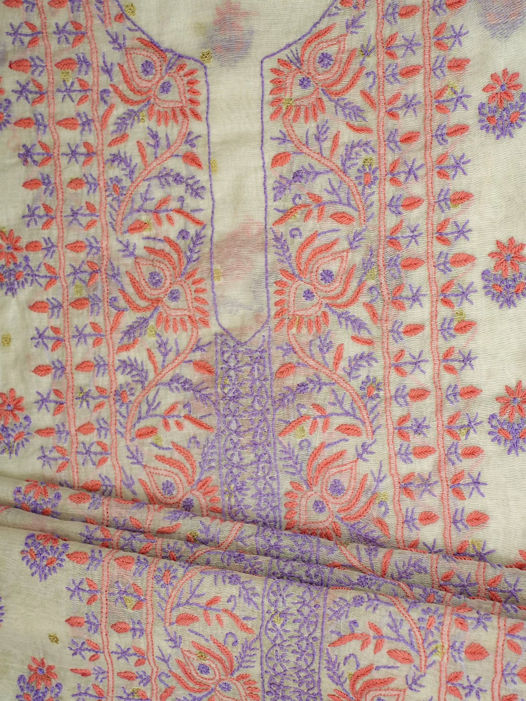 Ada Hand Embroidered Ivory White Chanderi Lucknowi Chikankari Unstitched Kurta Dupatta Set With Zari Work 01A712500