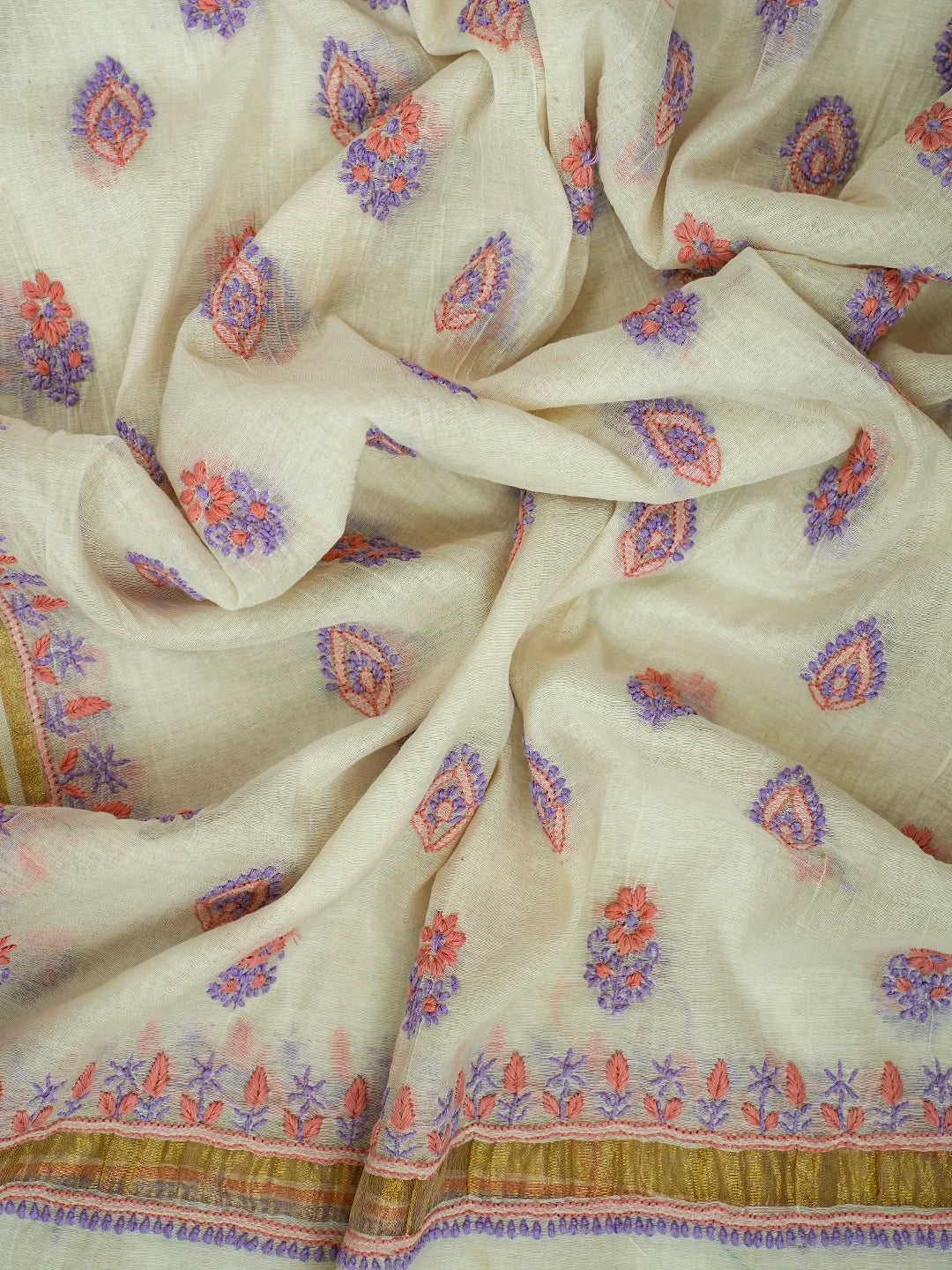 Ada Hand Embroidered Ivory White Chanderi Lucknowi Chikankari Unstitched Kurta Dupatta Set With Zari Work 01A712500