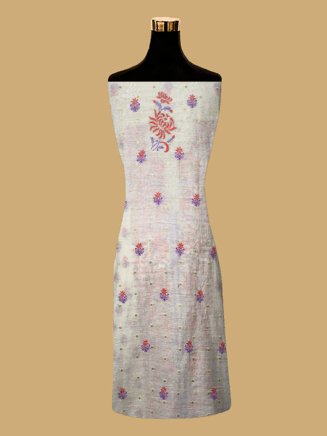 Ada Hand Embroidered Ivory White Chanderi Lucknowi Chikankari Unstitched Kurta Dupatta Set With Zari Work 01A712500