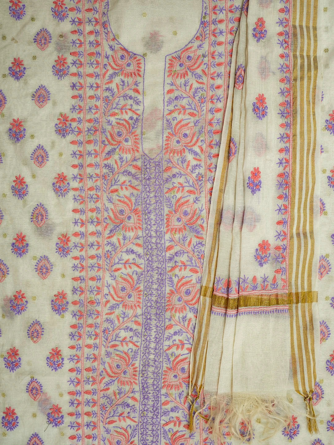 Ada Hand Embroidered Ivory White Chanderi Lucknowi Chikankari Unstitched Kurta Dupatta Set With Zari Work 01A712500