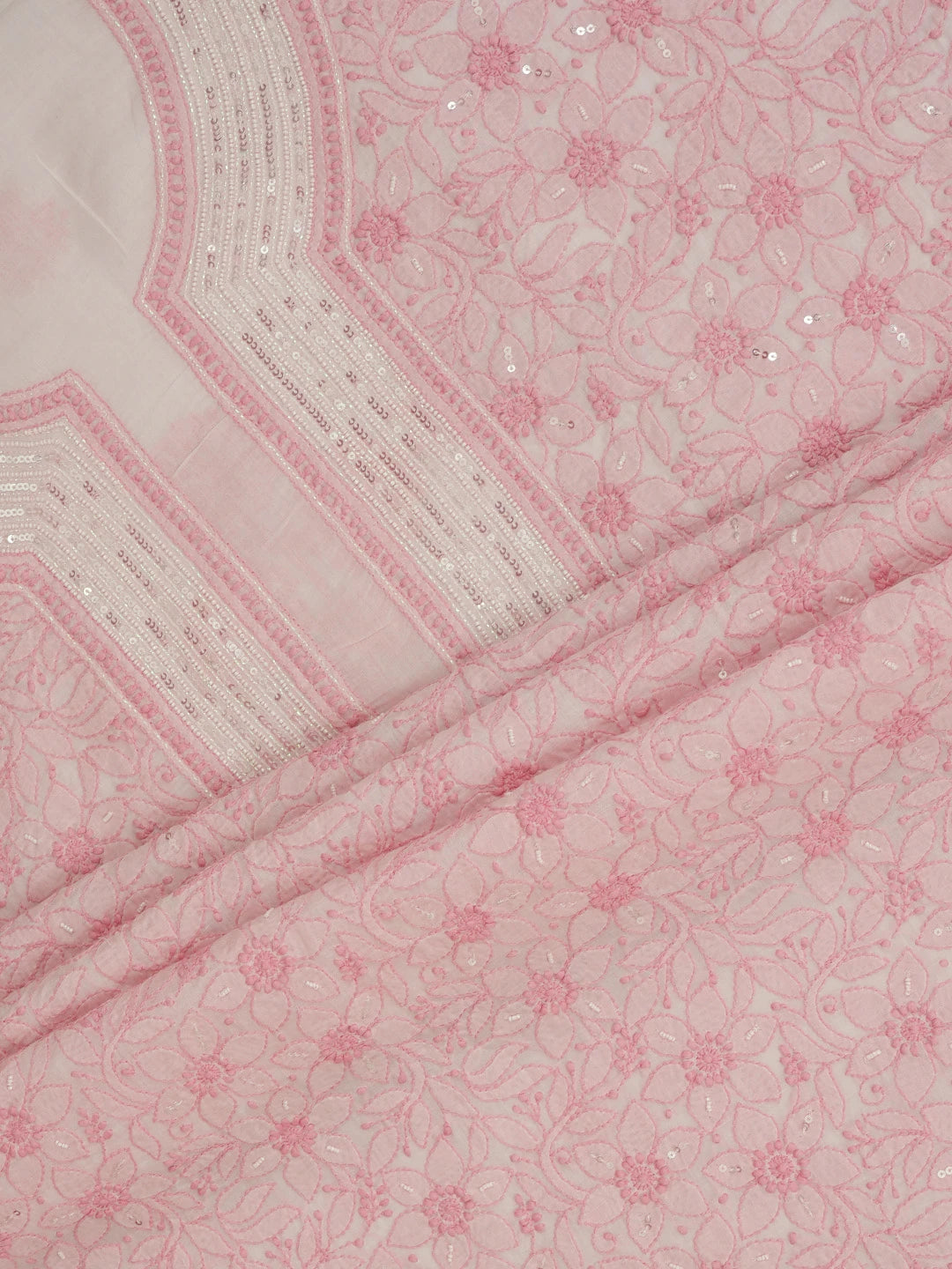 Ada Hand Embroidered Pink Cotton Lucknowi Chikankari Unstitched Suit Piece With Sequinned Work 01A644579