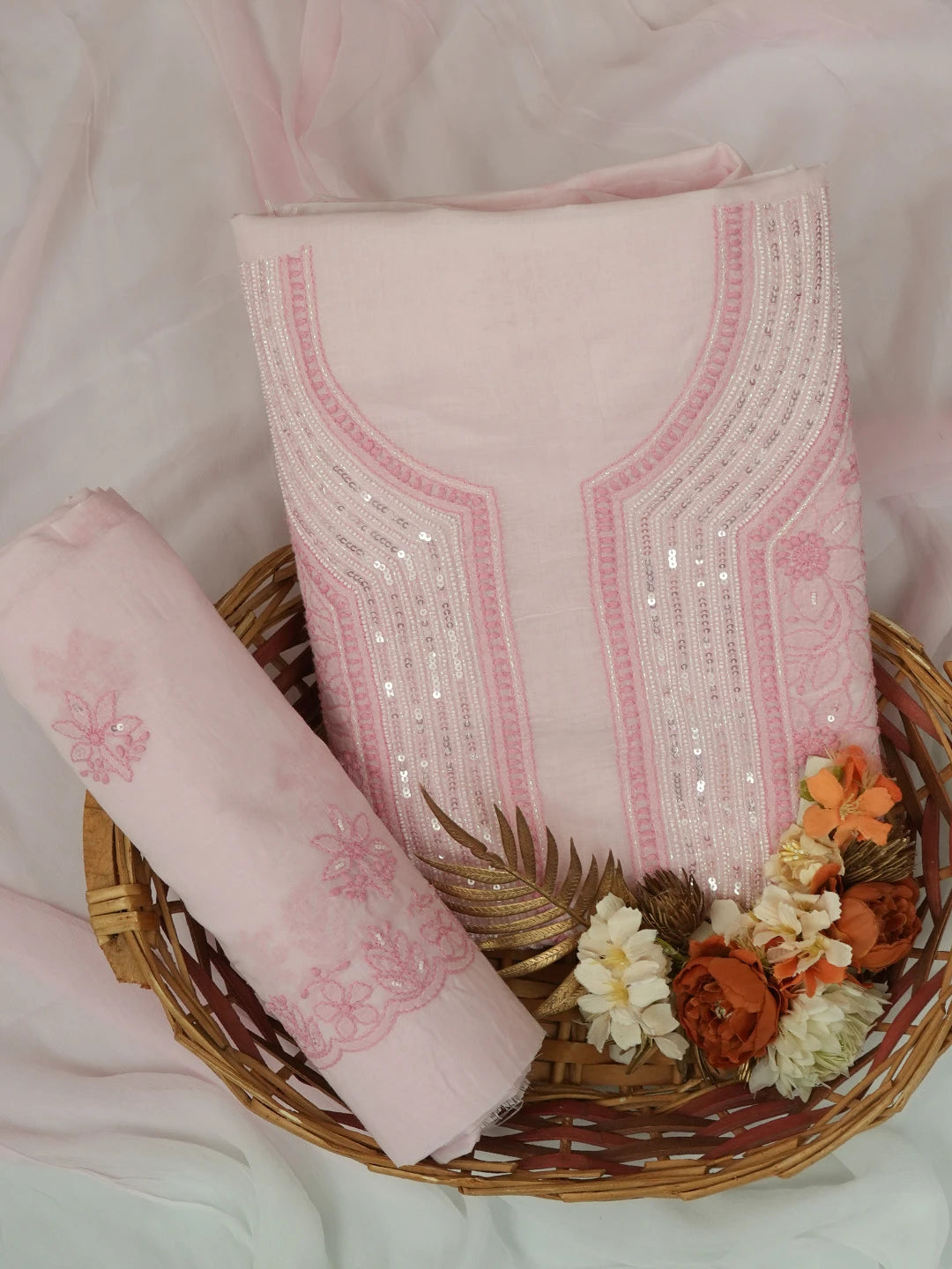 Ada Hand Embroidered Pink Cotton Lucknowi Chikankari Unstitched Suit Piece With Sequinned Work 01A644579