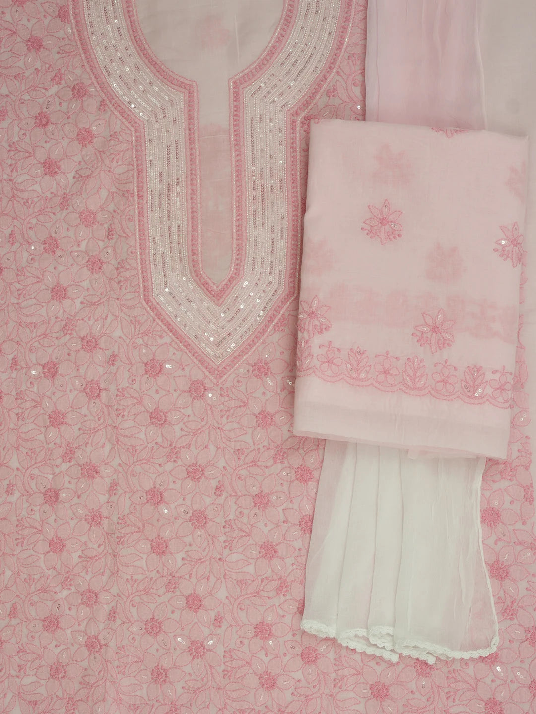 Ada Hand Embroidered Pink Cotton Lucknowi Chikankari Unstitched Suit Piece With Sequinned Work 01A644579