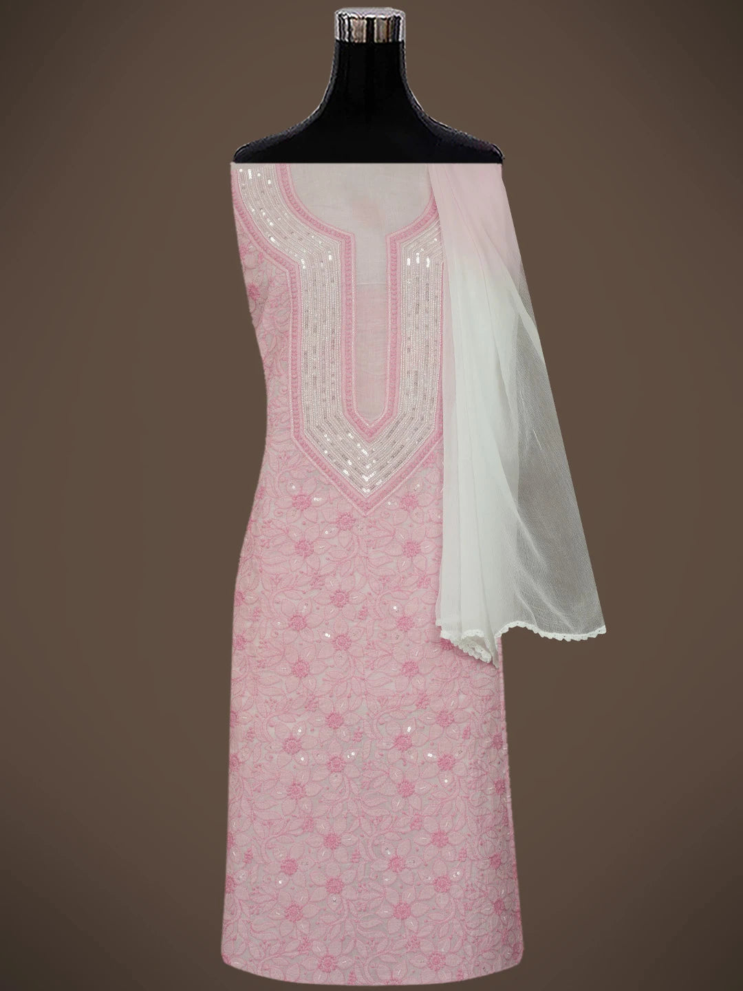 Ada Hand Embroidered Pink Cotton Lucknowi Chikankari Unstitched Suit Piece With Sequinned Work 01A644579