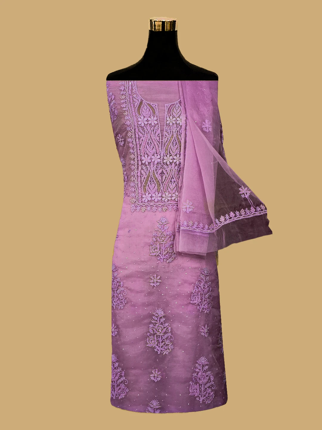 Ada Hand Embroidered Lavender Organza Lucknowi Chikankari Unstitched Kurta Dupatta Set With Cutdana Work 01A707879