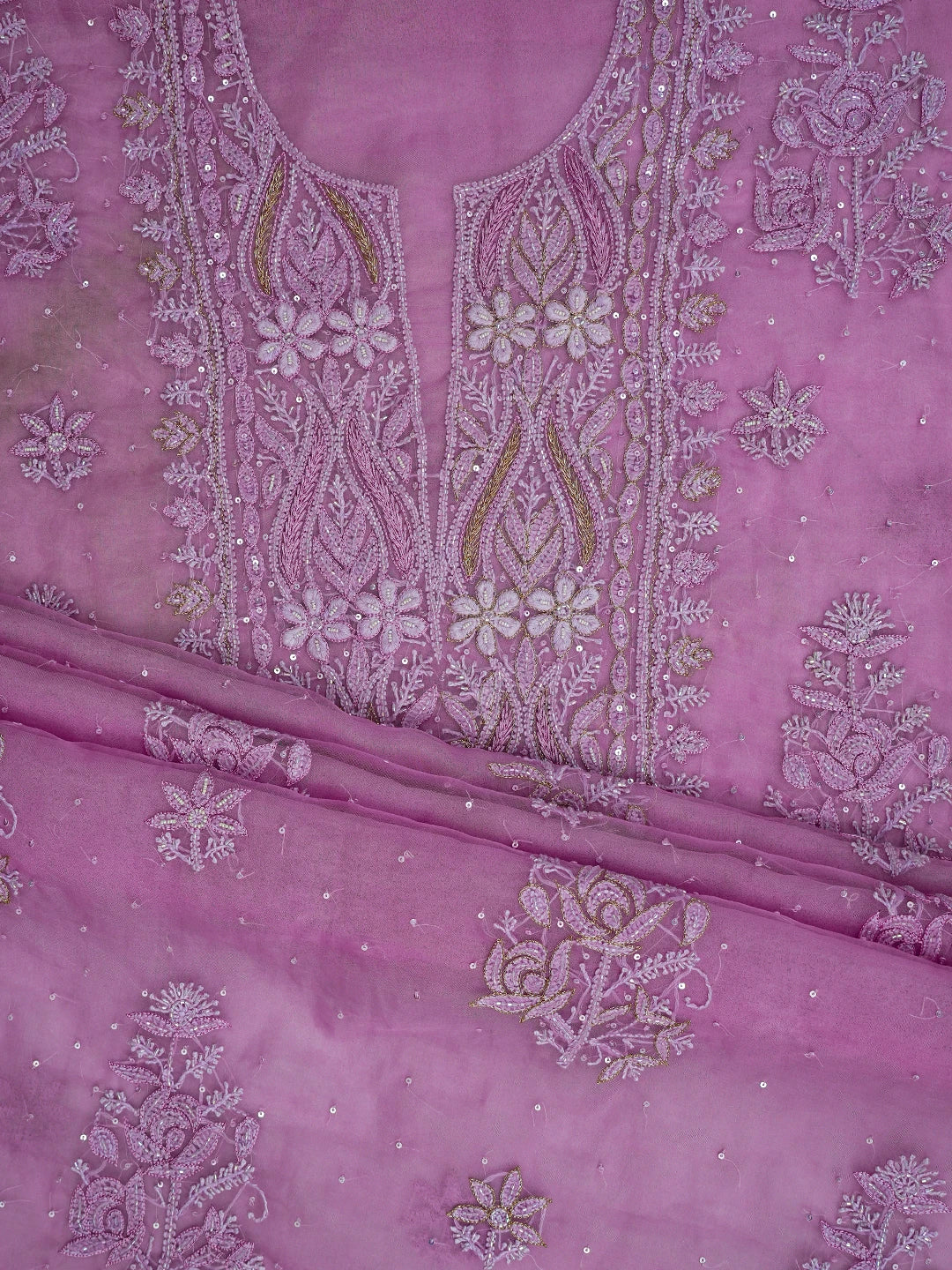 Ada Hand Embroidered Lavender Organza Lucknowi Chikankari Unstitched Kurta Dupatta Set With Cutdana Work 01A707879