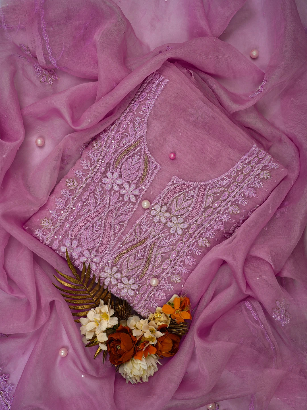 Ada Hand Embroidered Lavender Organza Lucknowi Chikankari Unstitched Kurta Dupatta Set With Cutdana Work 01A707879