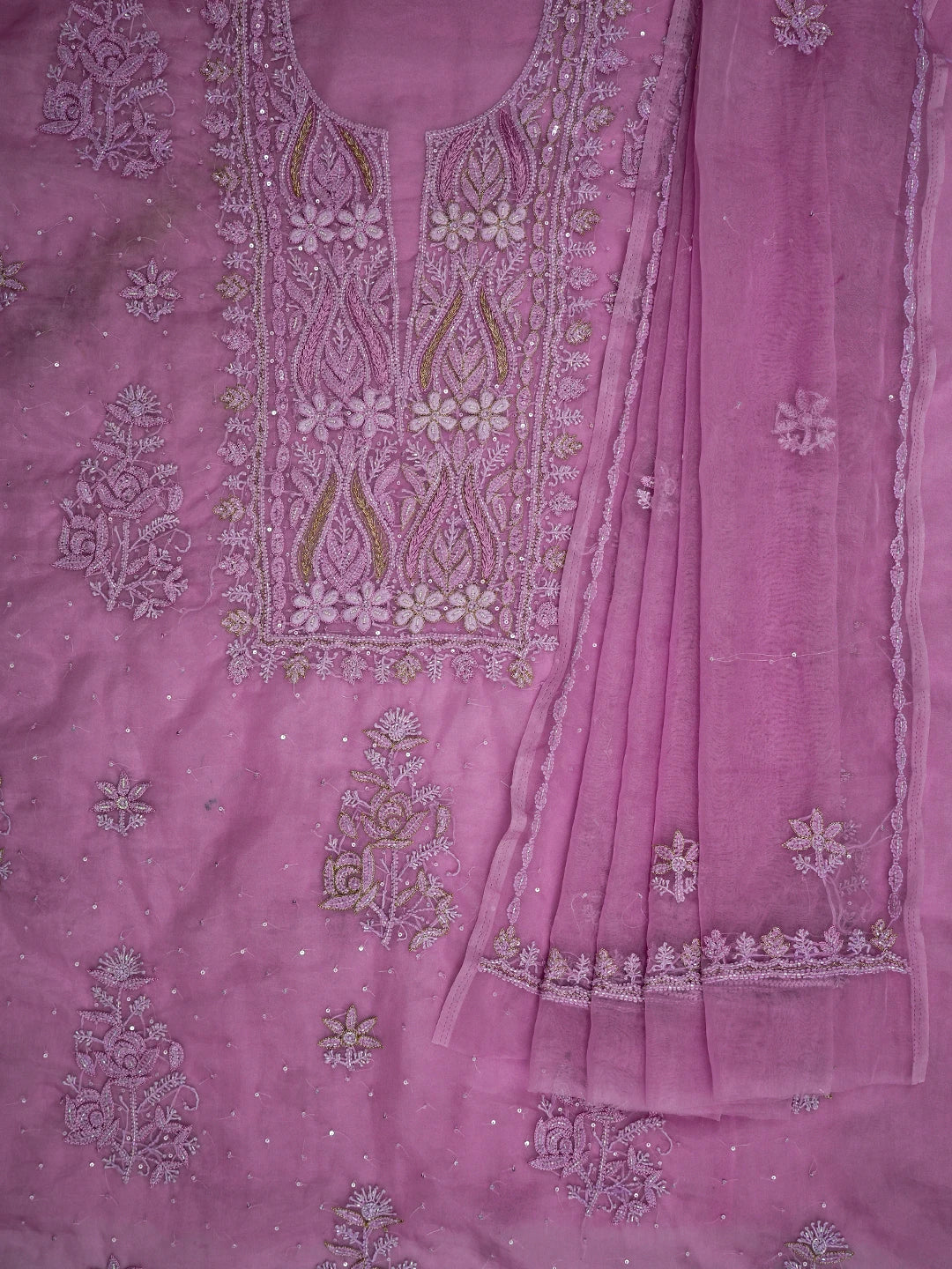 Ada Hand Embroidered Lavender Organza Lucknowi Chikankari Unstitched Kurta Dupatta Set With Cutdana Work 01A707879