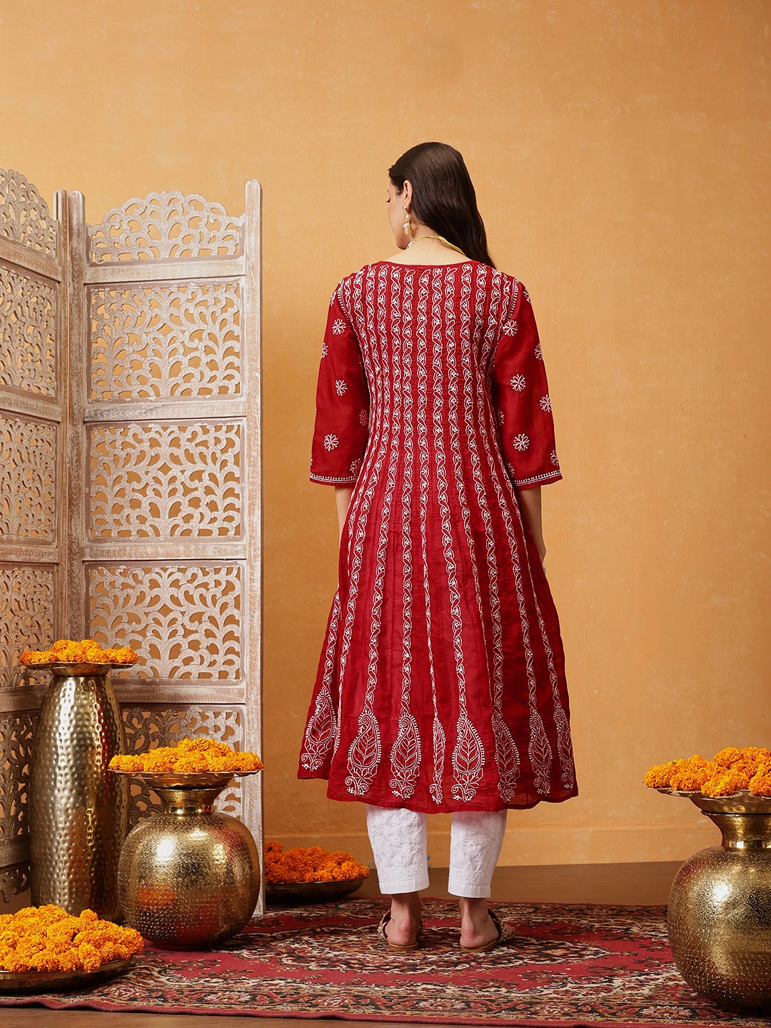 Ada Hand Embroidered Blood Red Cotton Lucknowi Chikankari Anarkali A-line Kurta A411749