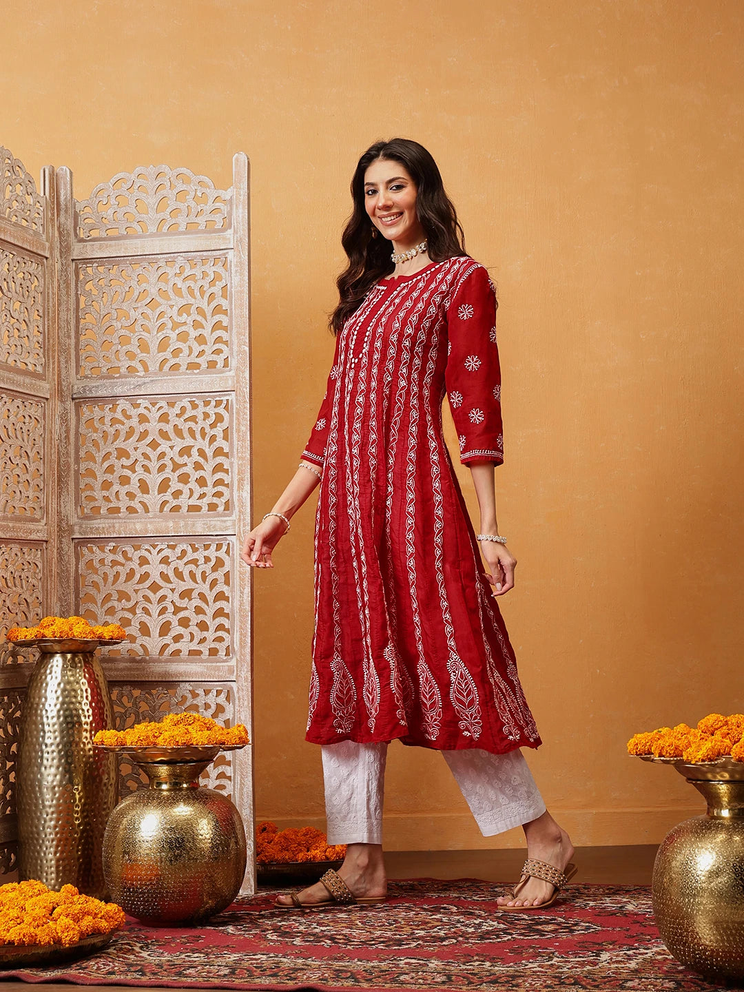 Ada Hand Embroidered Blood Red Cotton Lucknowi Chikankari Anarkali A-line Kurta A411749