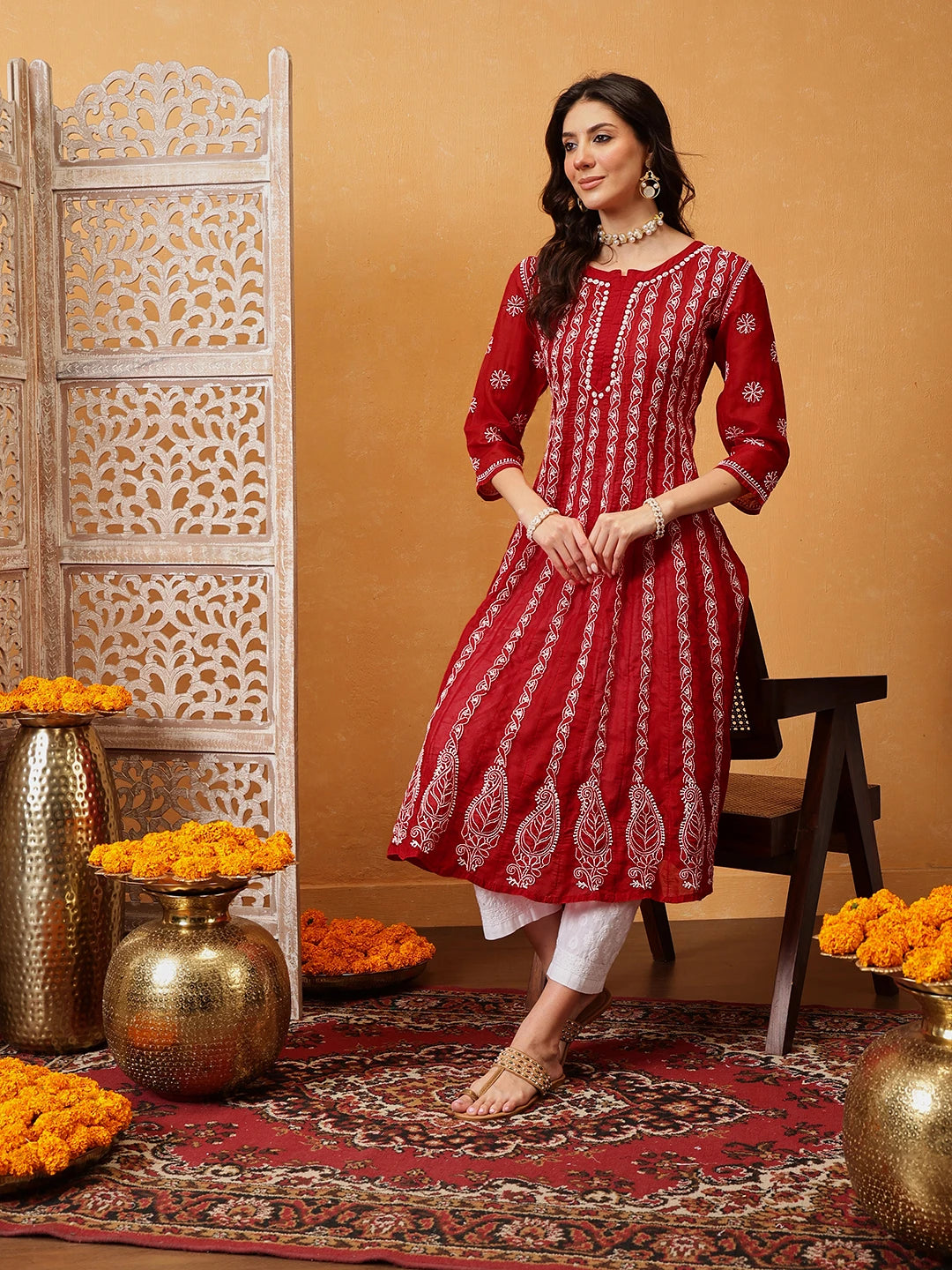 Ada Hand Embroidered Blood Red Cotton Lucknowi Chikankari Anarkali A-line Kurta A411749