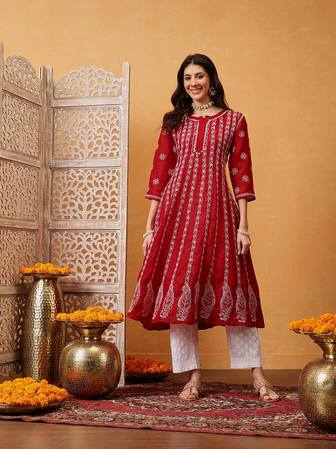 Ada Hand Embroidered Blood Red Cotton Lucknowi Chikankari Anarkali A-line Kurta A411749