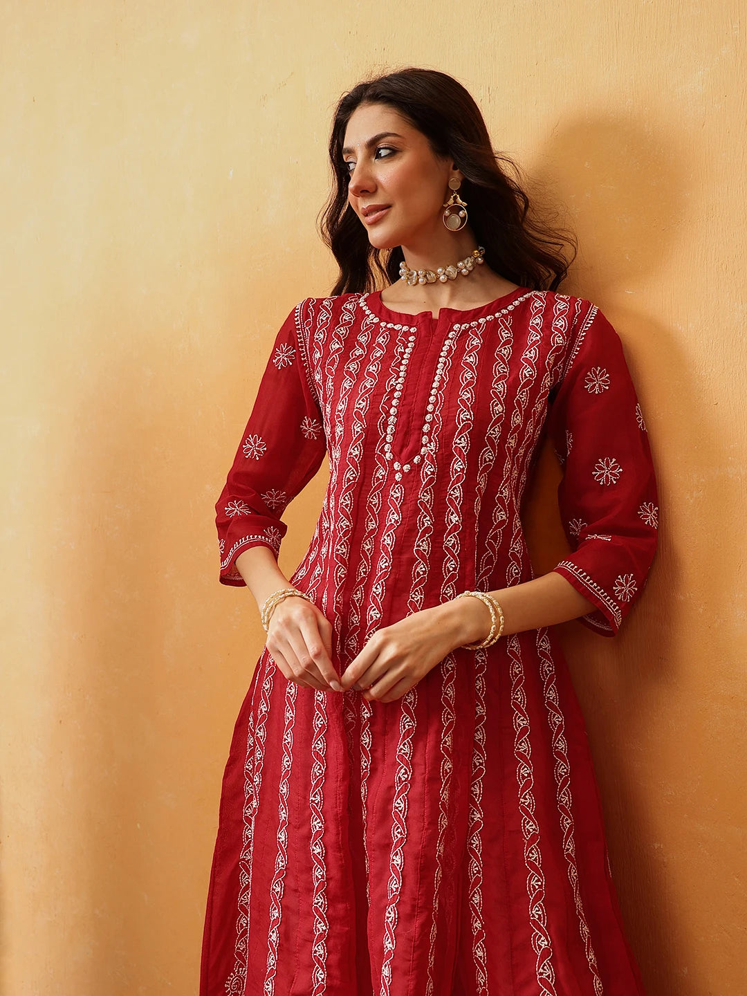 Ada Hand Embroidered Blood Red Cotton Lucknowi Chikankari Anarkali A-line Kurta A411749