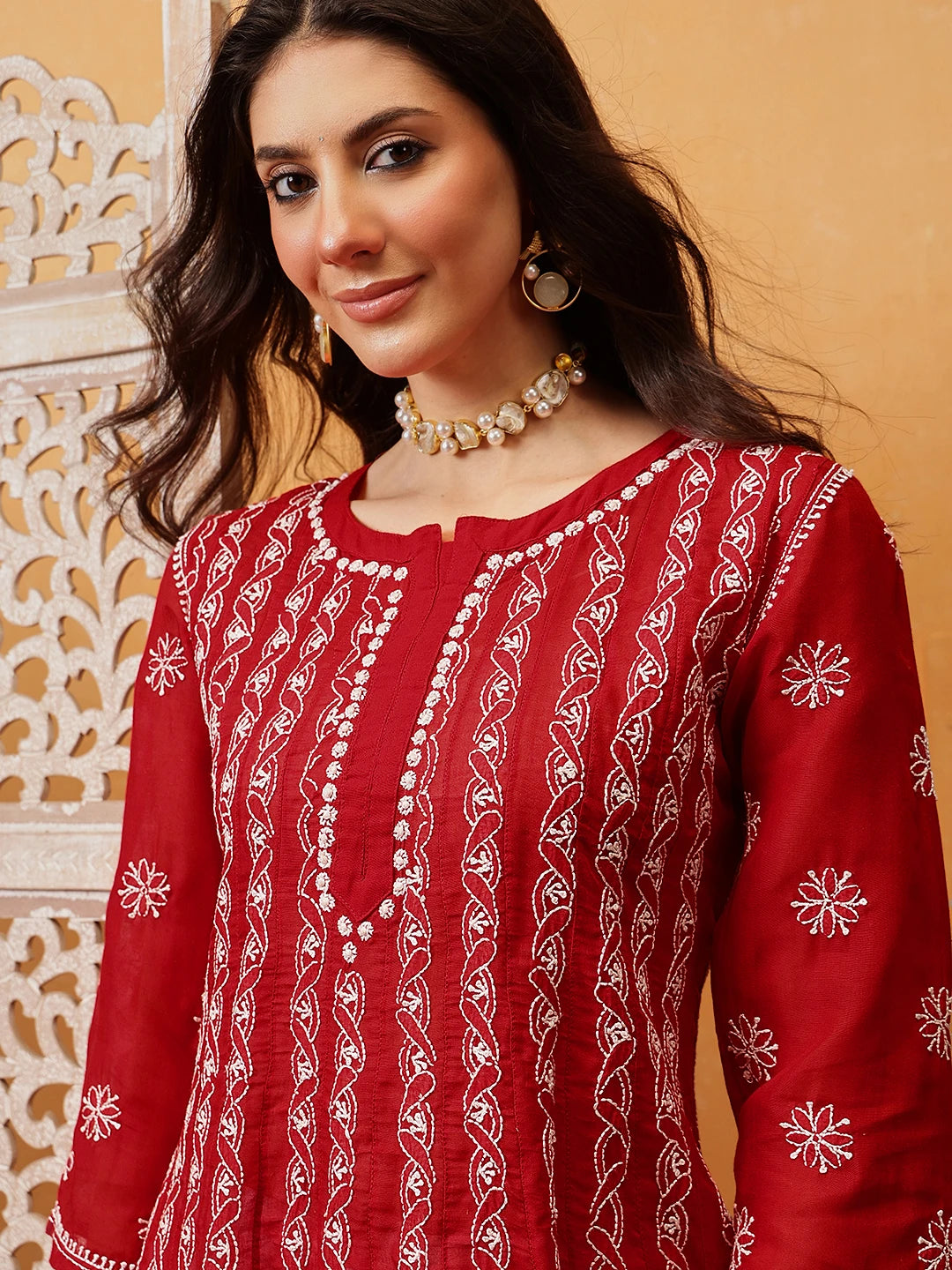 Ada Hand Embroidered Blood Red Cotton Lucknowi Chikankari Anarkali A-line Kurta A411749