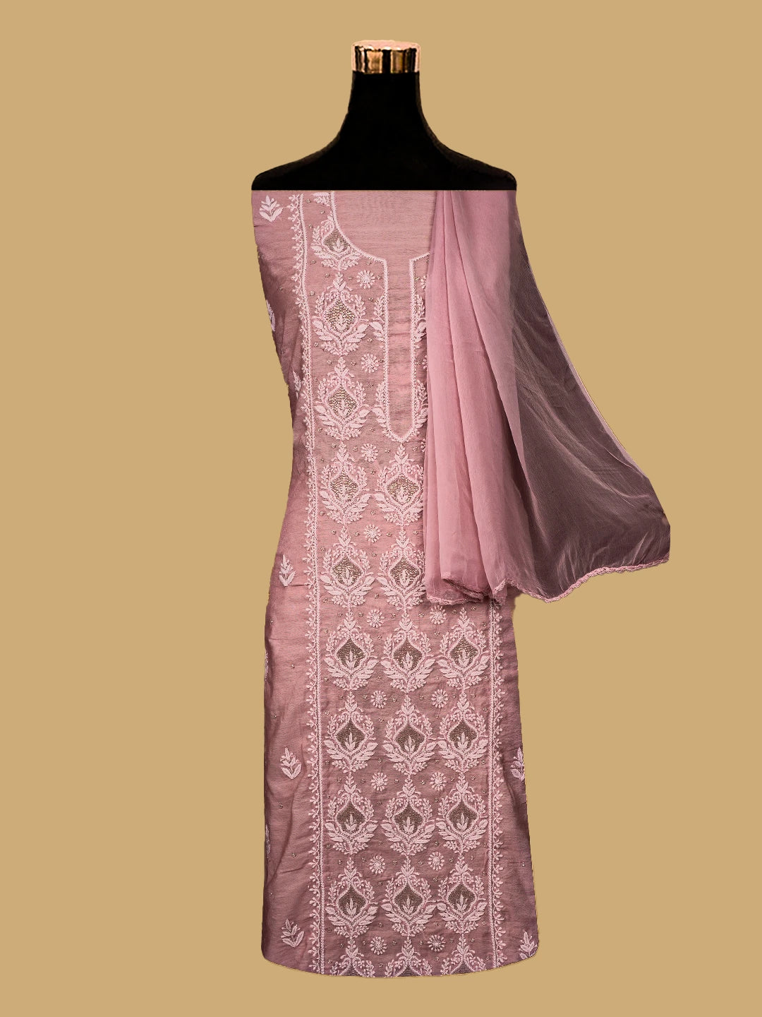Ada Hand Embroidered Coral Dusty Peach Chanderi Lucknowi Chikankari Unstitched Suit Piece With Cutdana Work 01A736594