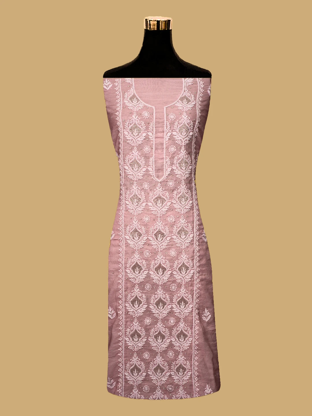 Ada Hand Embroidered Coral Dusty Peach Chanderi Lucknowi Chikankari Unstitched Suit Piece With Cutdana Work 01A736594