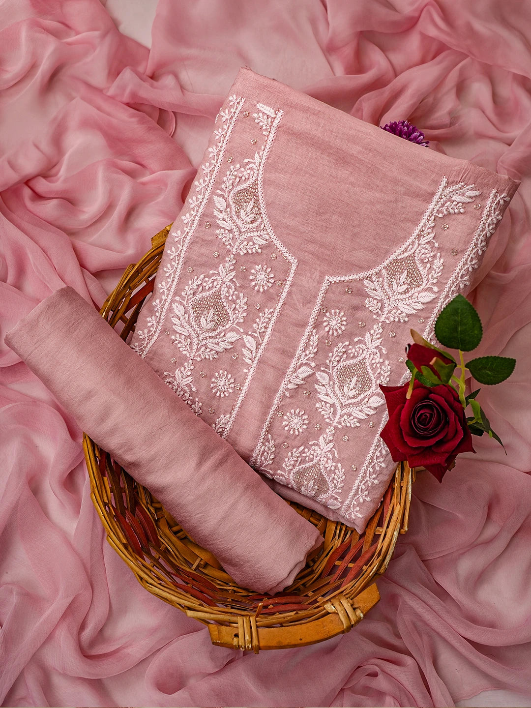 Ada Hand Embroidered Coral Dusty Peach Chanderi Lucknowi Chikankari Unstitched Suit Piece With Cutdana Work 01A736594