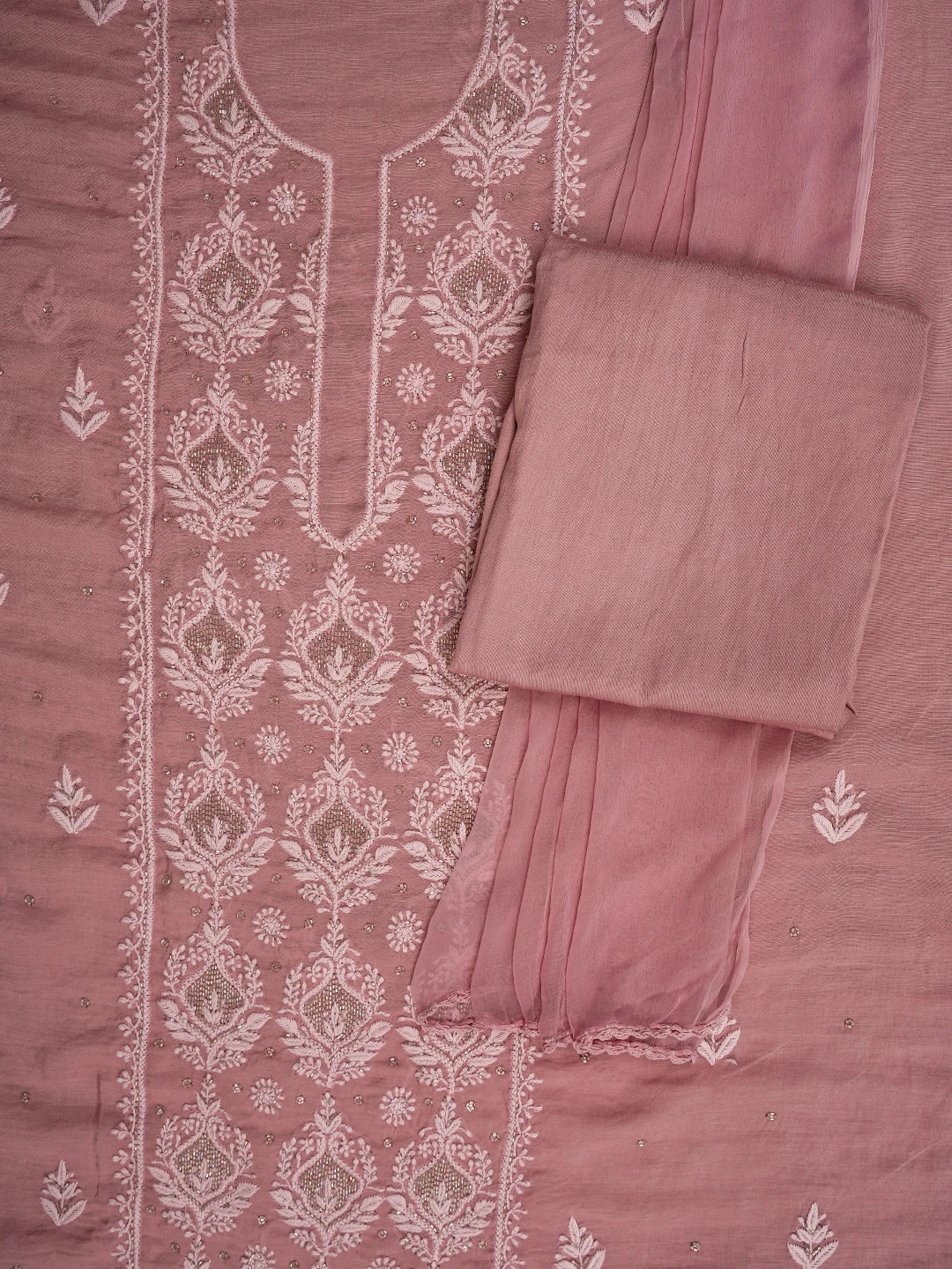 Ada Hand Embroidered Coral Dusty Peach Chanderi Lucknowi Chikankari Unstitched Suit Piece With Cutdana Work 01A736594