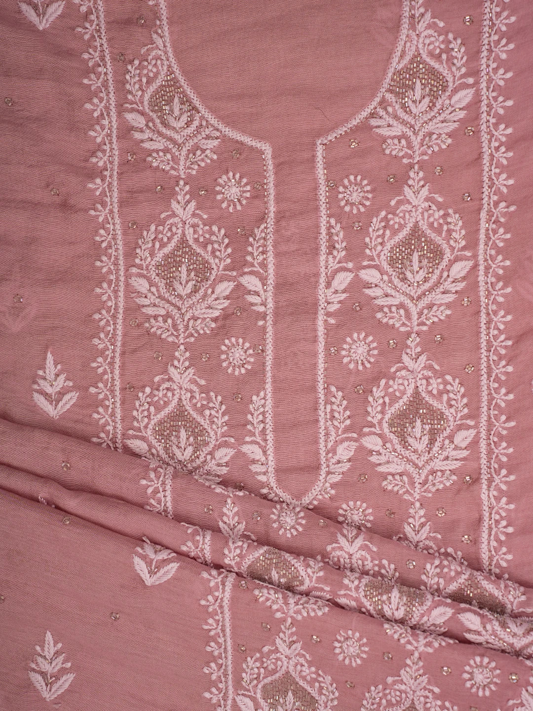 Ada Hand Embroidered Coral Dusty Peach Chanderi Lucknowi Chikankari Unstitched Suit Piece With Cutdana Work 01A736594