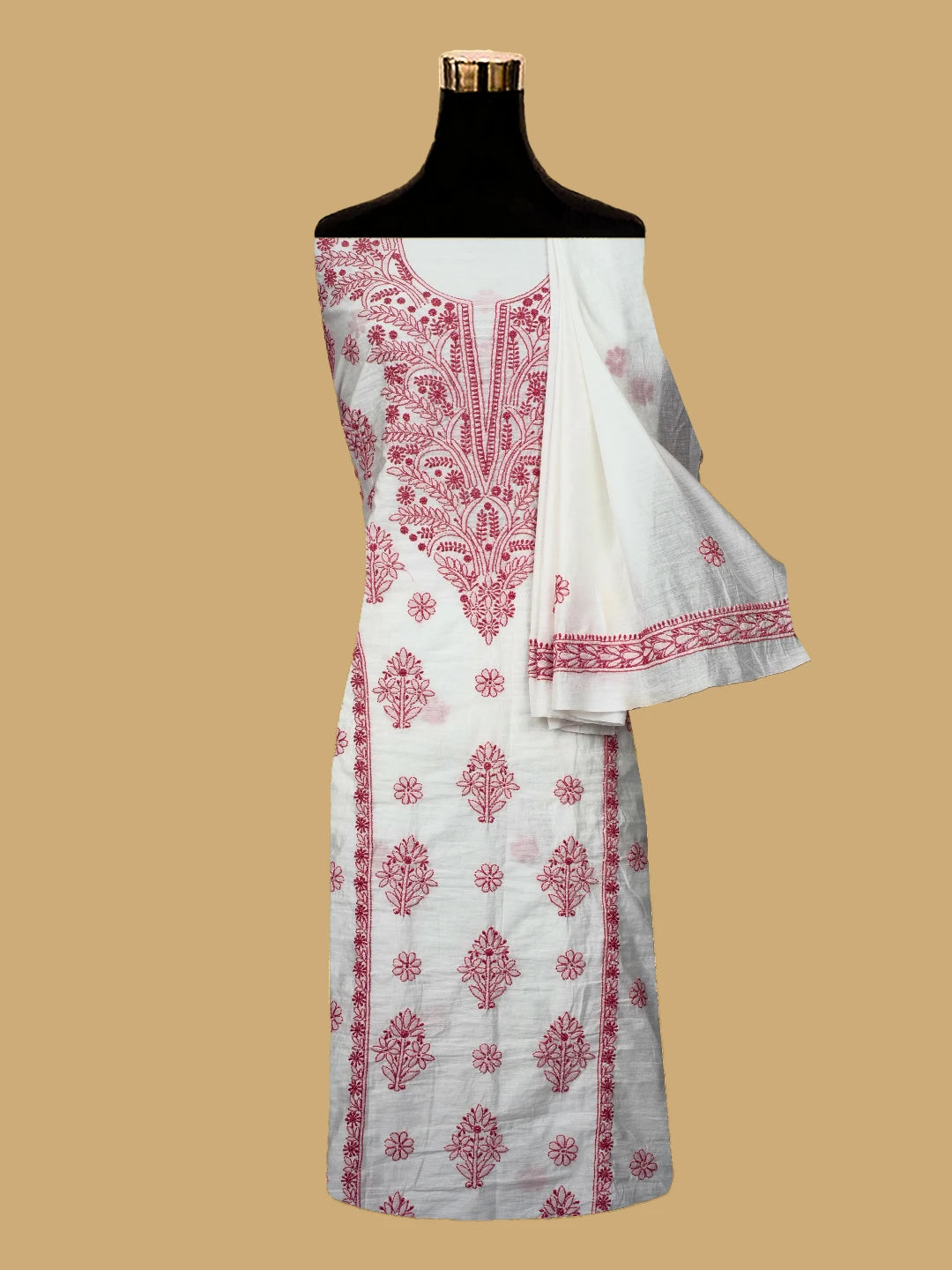 Ada Hand Embroidered White Chanderi Lucknowi Chikankari Unstitched Kurta Dupatta Set 01A642270