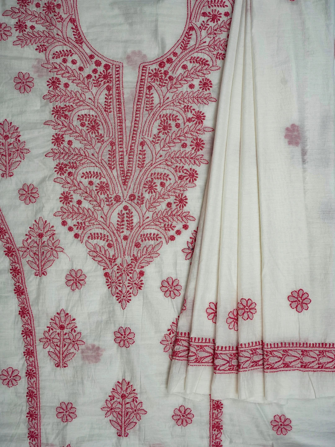 Ada Hand Embroidered White Chanderi Lucknowi Chikankari Unstitched Kurta Dupatta Set 01A642270