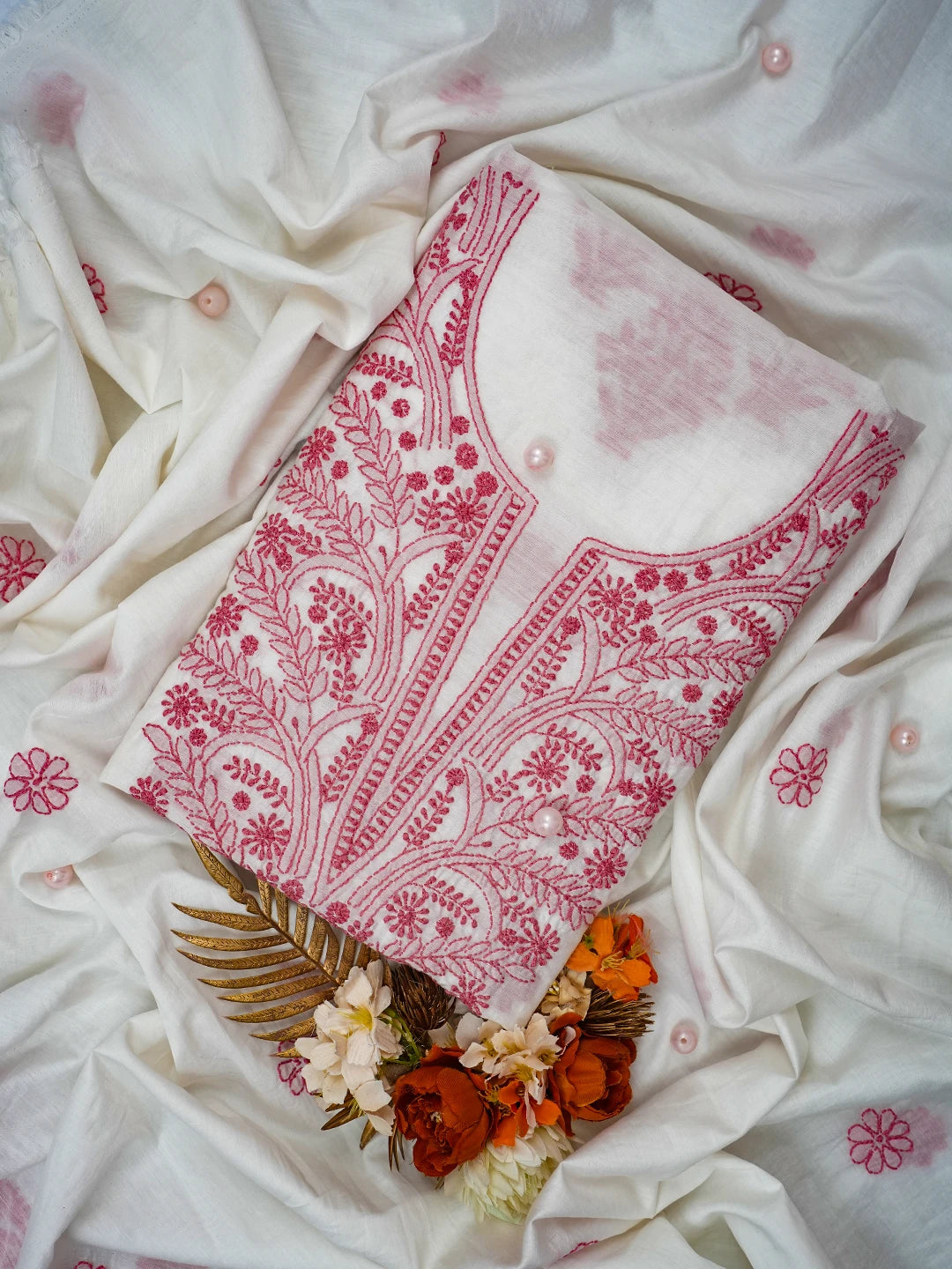 Ada Hand Embroidered White Chanderi Lucknowi Chikankari Unstitched Kurta Dupatta Set 01A642270