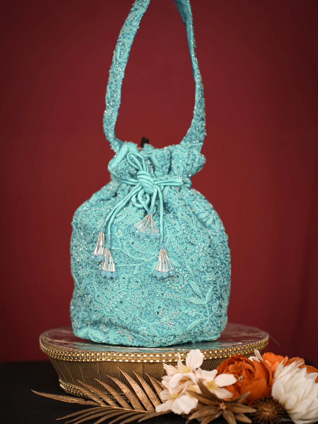 Ada Hand Embroidered Teal Viscose Georgette Lucknowi Chikankari Potli Bag With Cutdana Work 01A742028