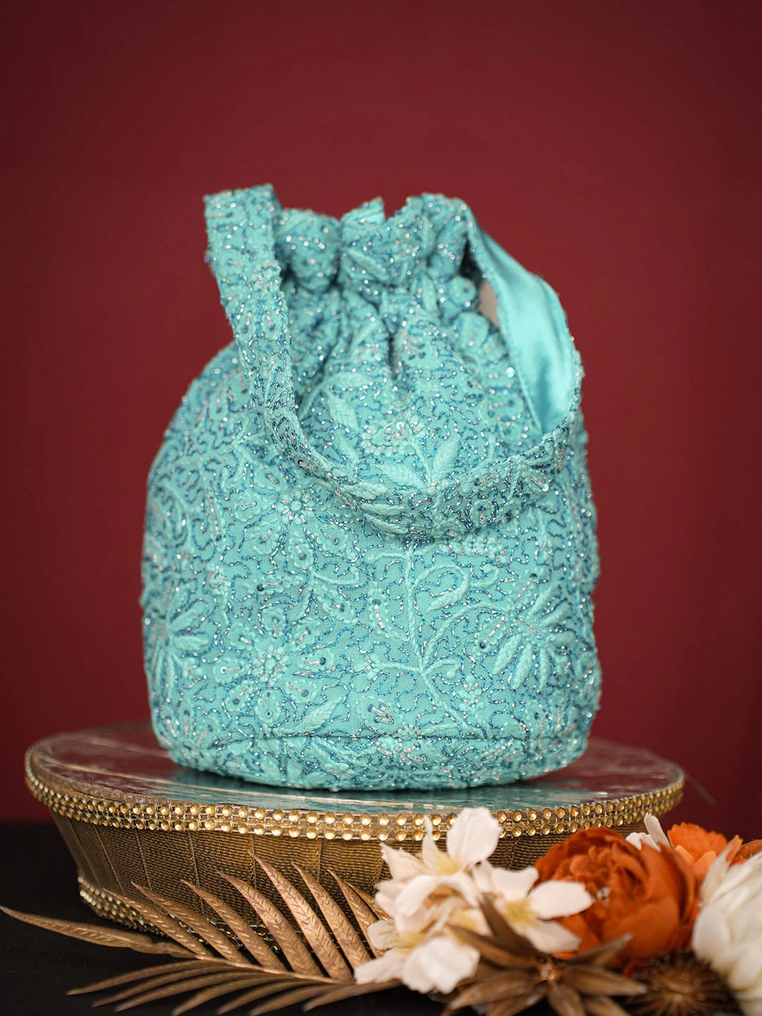 Ada Hand Embroidered Teal Viscose Georgette Lucknowi Chikankari Potli Bag With Cutdana Work 01A742028