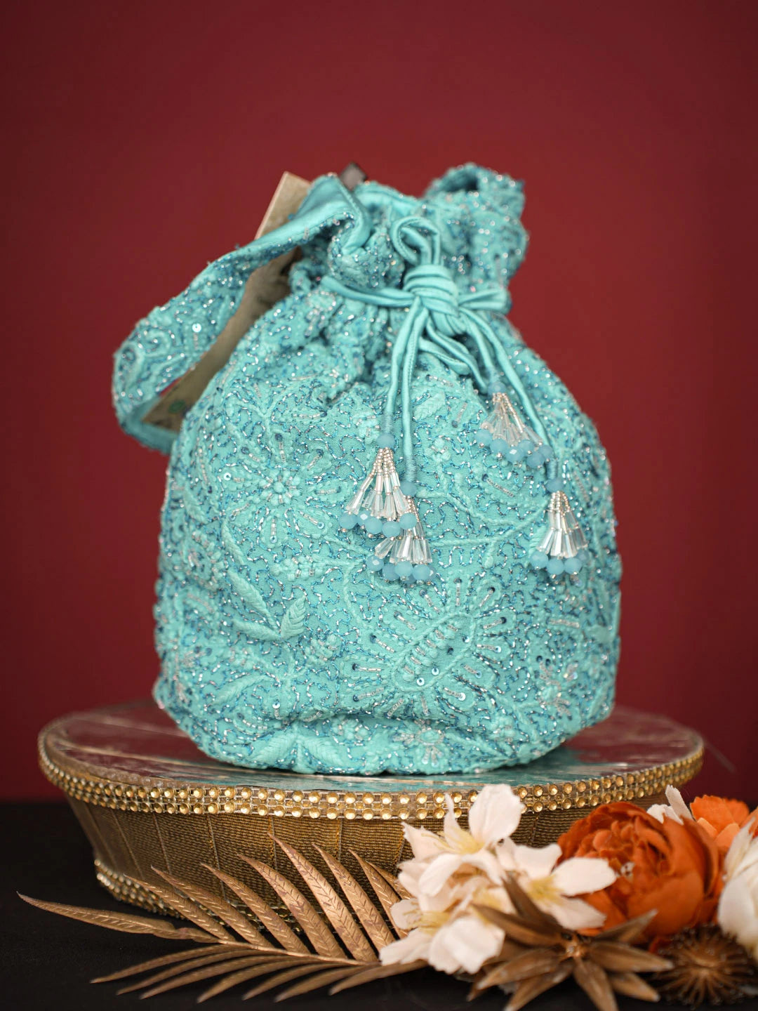 Ada Hand Embroidered Teal Viscose Georgette Lucknowi Chikankari Potli Bag With Cutdana Work 01A742028