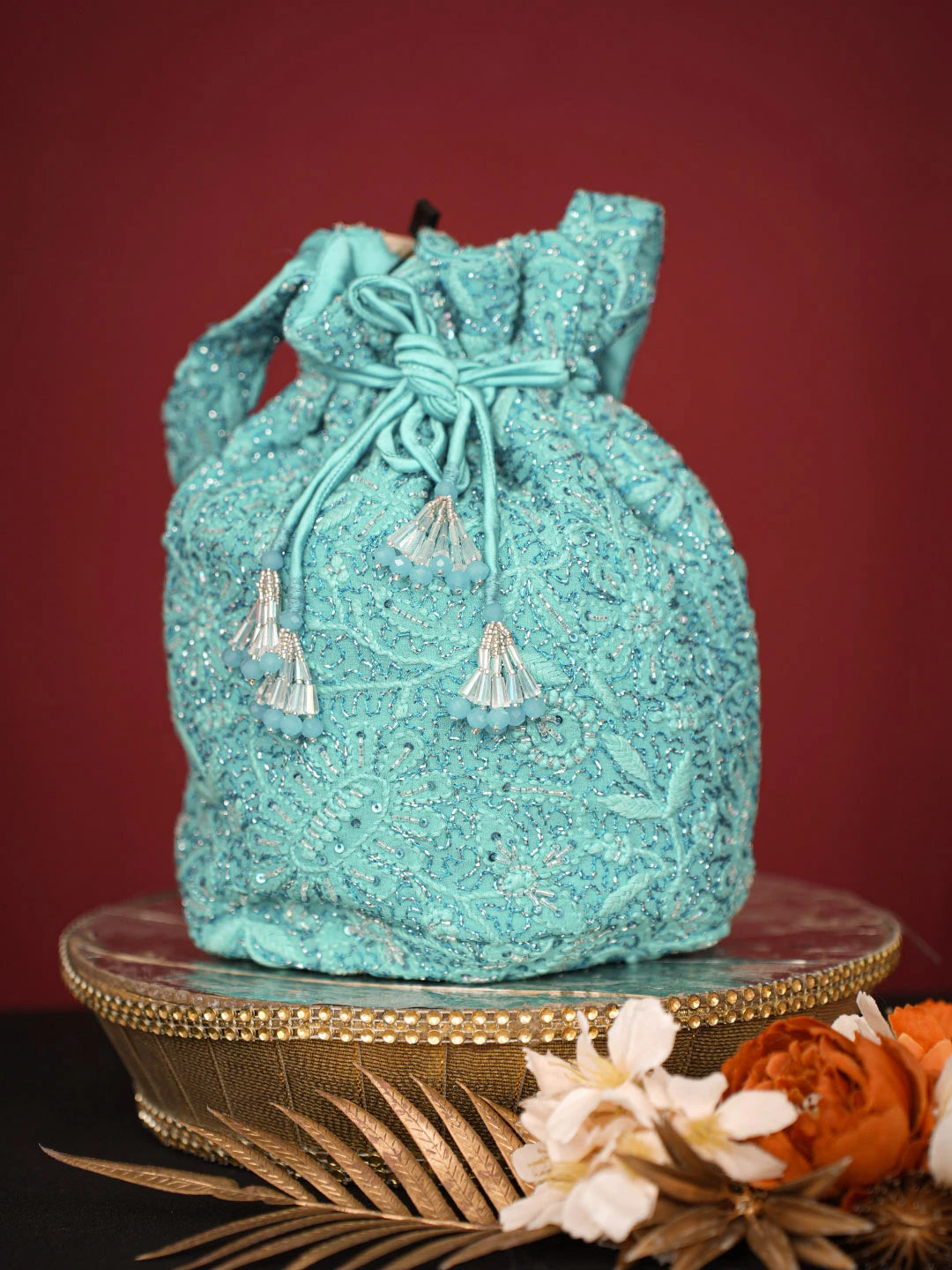 Ada Hand Embroidered Teal Viscose Georgette Lucknowi Chikankari Potli Bag With Cutdana Work 01A742028