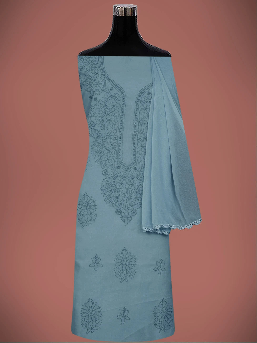 Ada Hand Embroidered Slate Grey Cotton Lucknowi Chikankari Unstitched Suit Piece 01A613598