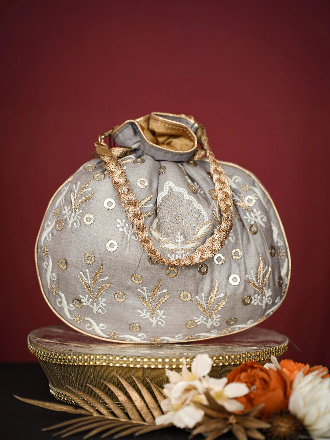Ada Hand Embroidered Grey Silk Lucknowi Chikankari Potli Bag With Muqaish Work 01A725563