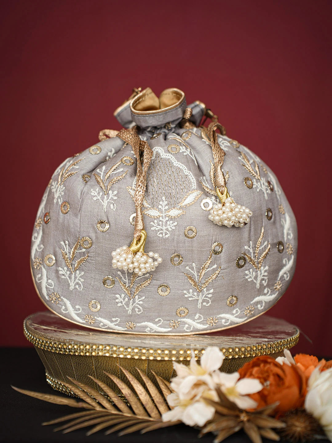 Ada Hand Embroidered Grey Silk Lucknowi Chikankari Potli Bag With Muqaish Work 01A725563