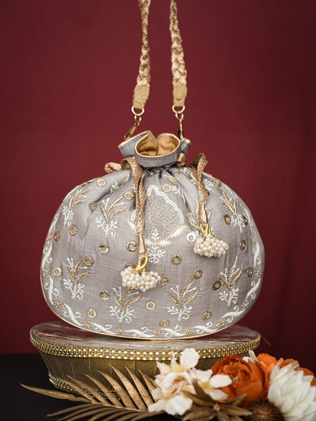 Ada Hand Embroidered Grey Silk Lucknowi Chikankari Potli Bag With Muqaish Work 01A725563