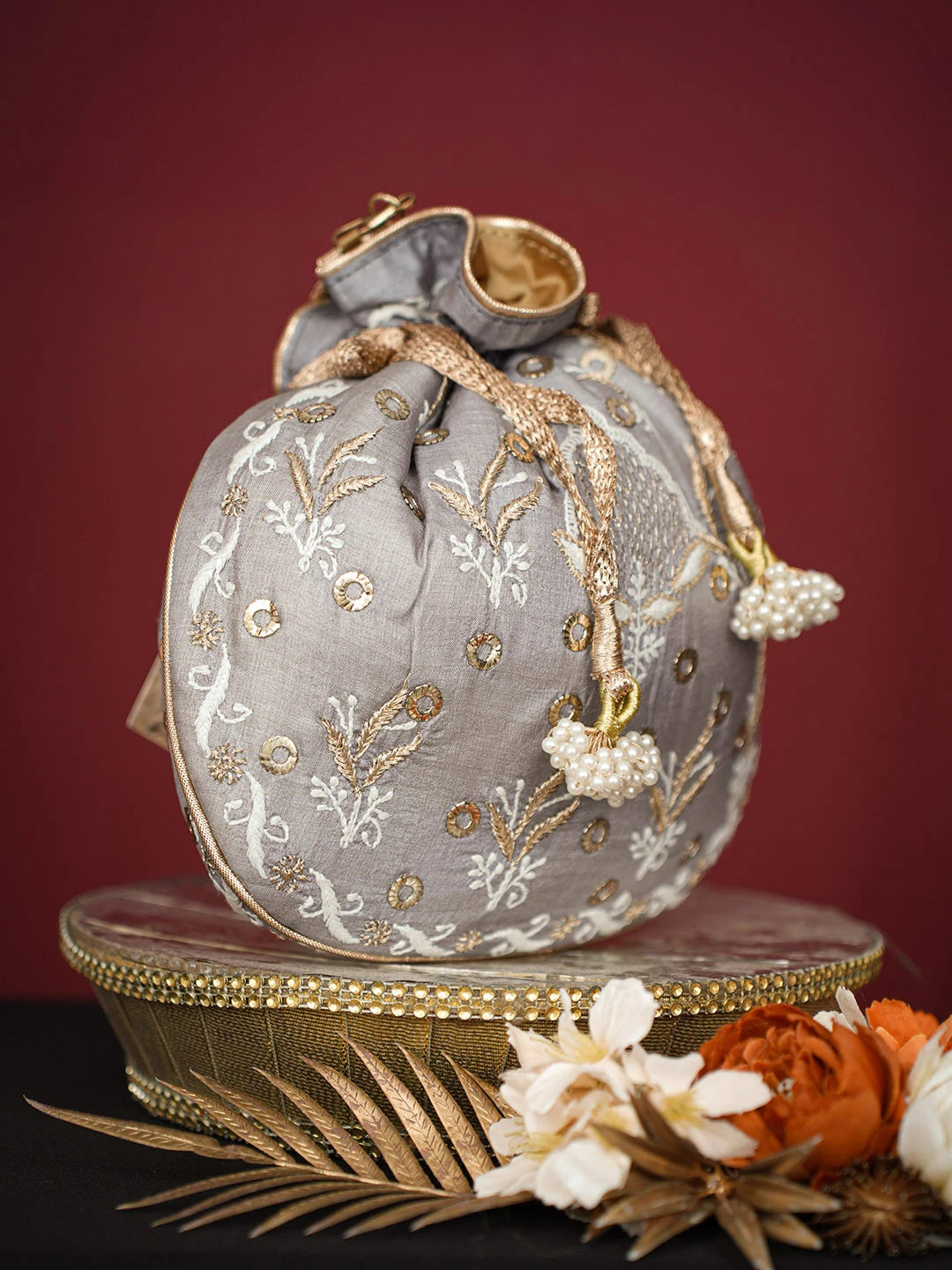 Ada Hand Embroidered Grey Silk Lucknowi Chikankari Potli Bag With Muqaish Work 01A725563