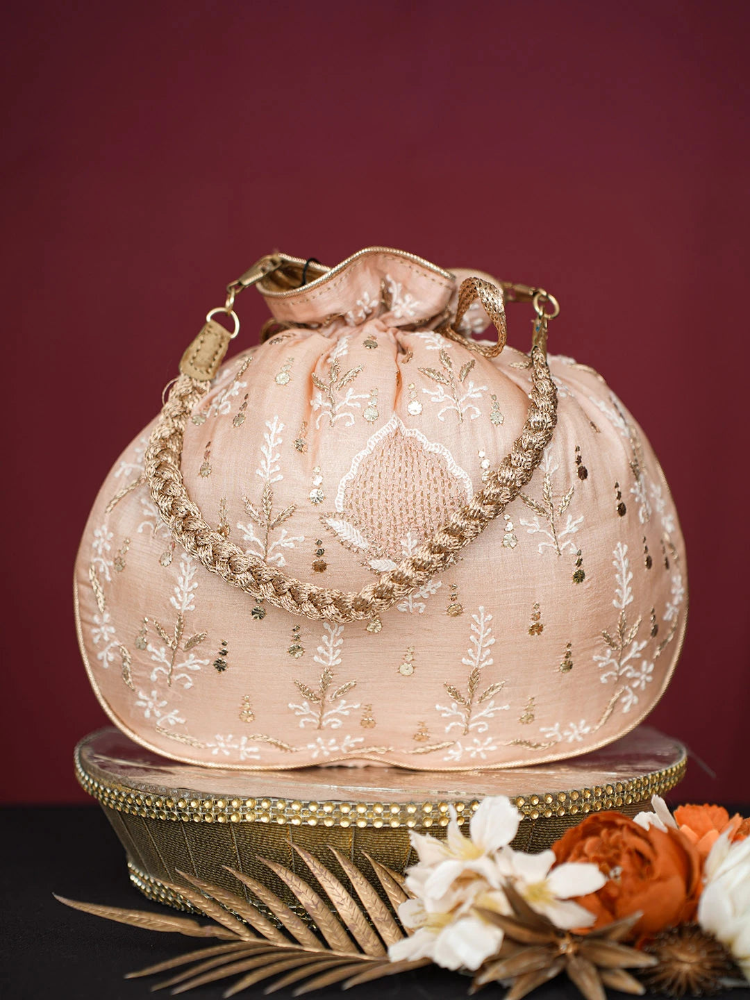 Ada Hand Embroidered Peach Silk Lucknowi Chikankari Potli Bag With Muqaish Work 01A680719
