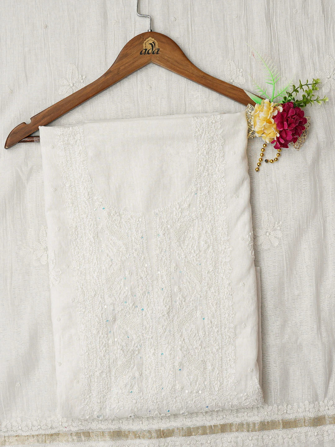 Ada Hand Embroidered White Chanderi Lucknowi Chikankari Unstitched Kurta Dupatta Set With Cutdana Work 01A737391